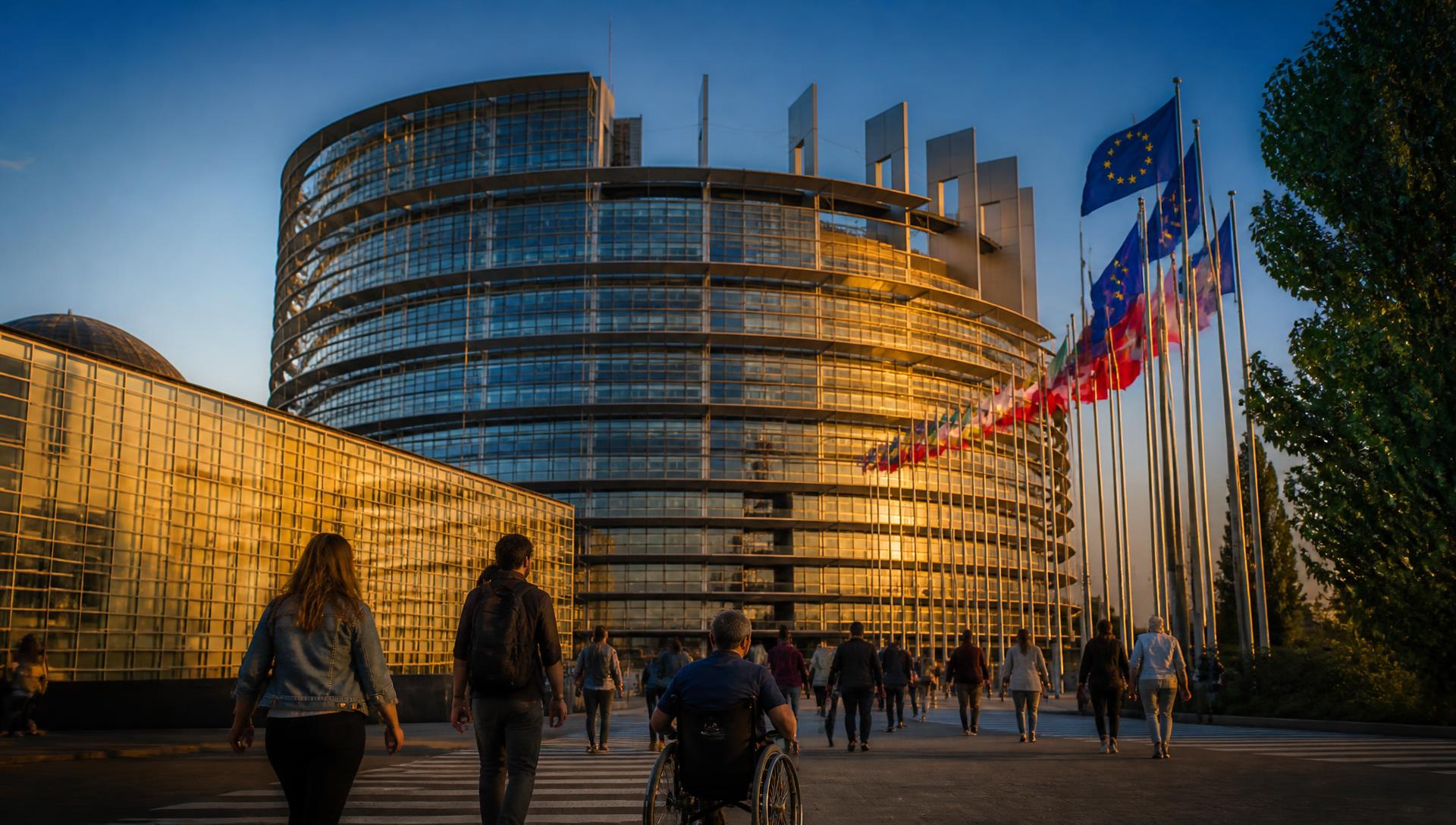 Un hombre en silla de ruedas y otras personas caminan hacia el Parlamento Europeo